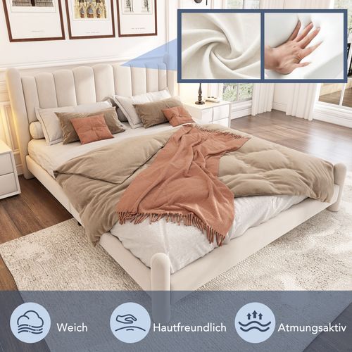 Lit Polster 180*200cm En Velours Beige Avec Sommier, Tête De Lit En Forme De Éventail