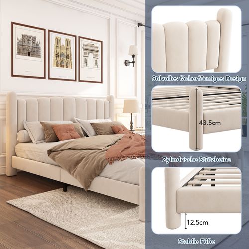 Lit Polster 180*200cm En Velours Beige Avec Sommier, Tête De Lit En Forme De Éventail