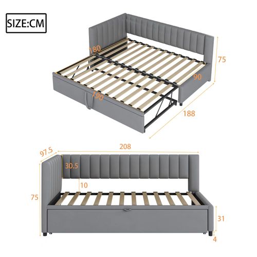 Canapé-lit Multifonctionnel En Velours, Design Gain De Place, Lit D'appoint L Gris 90 x 200 cm