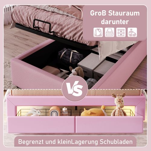 Lit Polster 90 X 200 Cm Pu Avec Rangement Hydraulique, Lumière Ambiante Télécommandée, Rose