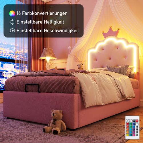 Lit Polster 90 X 200 Cm Pu Avec Rangement Hydraulique, Lumière Ambiante Télécommandée, Rose