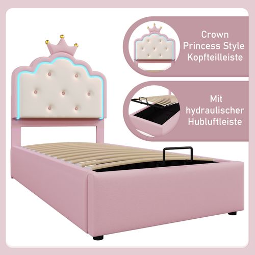 Lit Polster 90 X 200 Cm Pu Avec Rangement Hydraulique, Lumière Ambiante Télécommandée, Rose