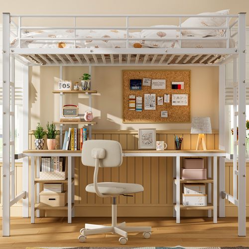 Lit Mezzanine En Métal Avec Table Et Étagères, Protection Anti-chute, 90x200cm, Blanc