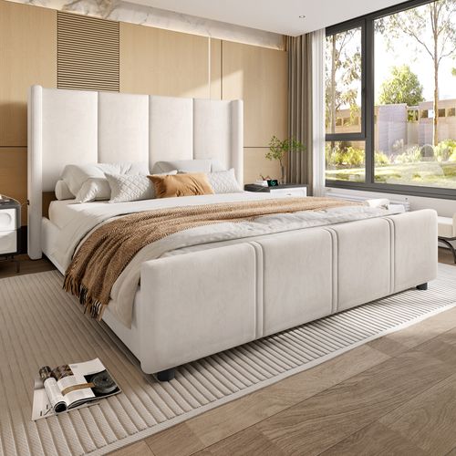 Cadre De Lit Moderne Rembourré 140 X 200 Cm, Combinaison De Cadre En Fer Et Bois, USB Certifié,beige