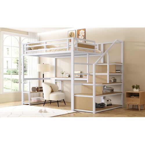 Lit Mezzanine 140x200 Métal Avec Échelle De Rangement Et Tables, Structure Robuste, Blanc