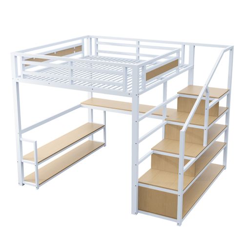 Lit Mezzanine 140x200 Métal Avec Échelle De Rangement Et Tables, Structure Robuste, Blanc