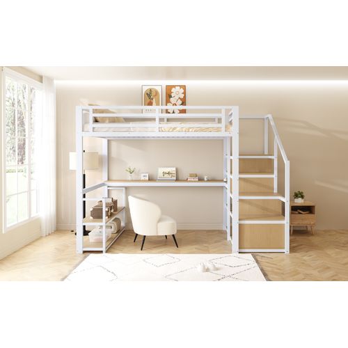 Lit Mezzanine 140x200 Métal Avec Échelle De Rangement Et Tables, Structure Robuste, Blanc