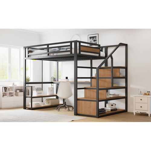 Lit Mezzanine 140x200 En Métal Avec Échelle De Rangement, Design Sécurisé, Noir