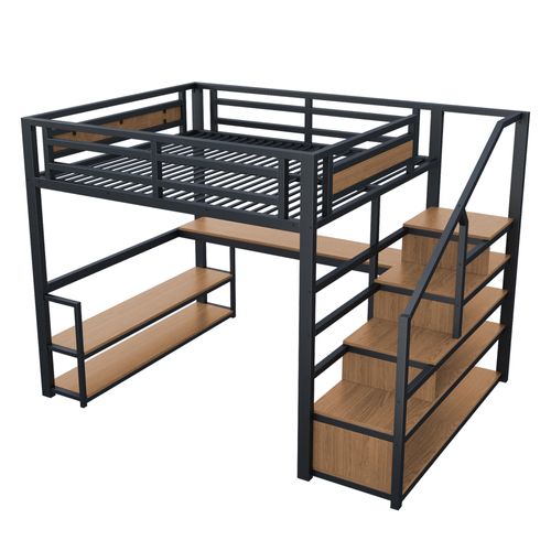 Lit Mezzanine 140x200 En Métal Avec Échelle De Rangement, Design Sécurisé, Noir