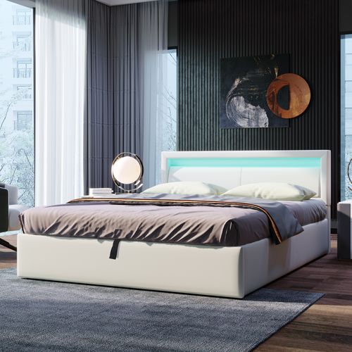 Lit Rembourré Simili Cuir Avec Rangement Et Tête De Lit Éclairée, Blanc, 140x190cm