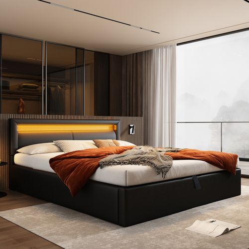 Lit Rembourré 160x200 Avec Sommier à Lattes Et Rangement, Tête De Lit LED, Noir