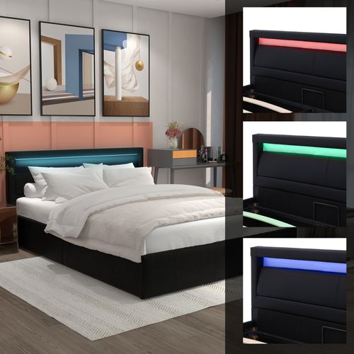 Lit Rembourré 160x200 Avec Sommier à Lattes Et Rangement, Tête De Lit LED, Noir