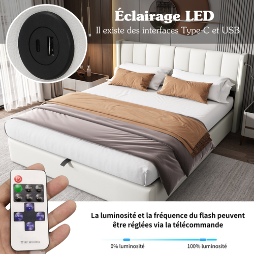 Lit Hydraulique En Pu Rembourré LED 140 X 190 Cm, Avec Rangement Et Tête De Lit Réglable, Blanc