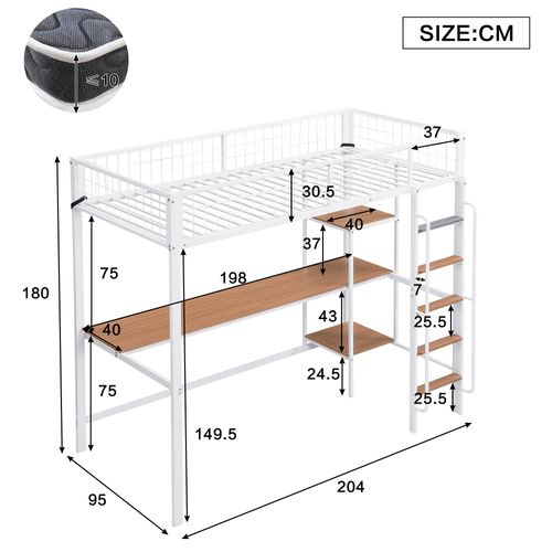 Lit Mezzanine En Métal + Mdf, Avec Échelle à 5 Marches Et Protections, Blanc + Naturel, 90x200cm