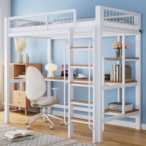 Lit Mezzanine En Métal + Mdf, Avec Échelle à 5 Marches Et Protections, Blanc + Naturel, 90x200cm