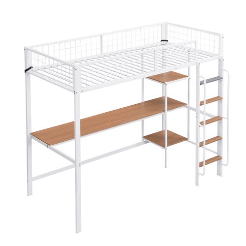 Lit Mezzanine En Métal + Mdf, Avec Échelle à 5 Marches Et Protections, Blanc + Naturel, 90x200cm