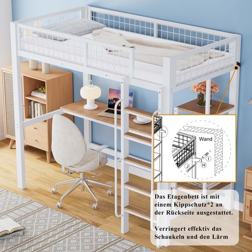 Lit Mezzanine En Métal + Mdf, Avec Échelle à 5 Marches Et Protections, Blanc + Naturel, 90x200cm