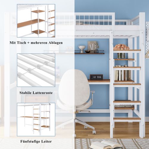 Lit Mezzanine En Métal + Mdf, Avec Échelle à 5 Marches Et Protections, Blanc + Naturel, 90x200cm