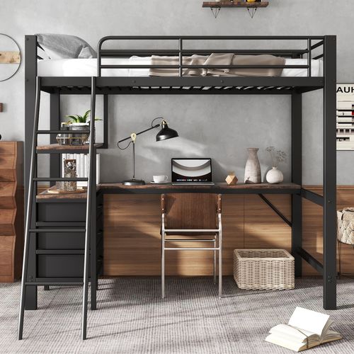 Lit Mezzanine En Métal Et Aggloméré, 3 Tiroirs, Échelle Inclinée à 4 Marches, 90x200cm