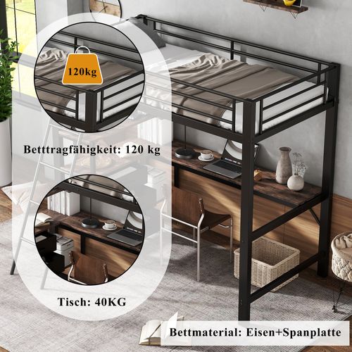 Lit Mezzanine En Métal Et Aggloméré, 3 Tiroirs, Échelle Inclinée à 4 Marches, 90x200cm