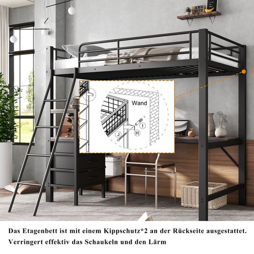 Lit Mezzanine En Métal Et Aggloméré, 3 Tiroirs, Échelle Inclinée à 4 Marches, 90x200cm