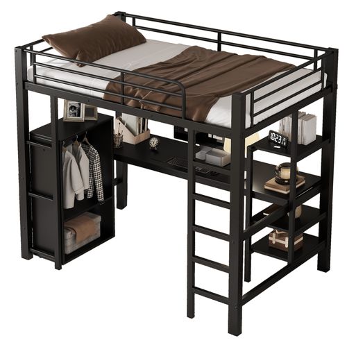 Lit Mezzanine En Métal, Avec Table Et Armoire, Nombreuses Étagères, Échelle 5 Marches, 90x200cm