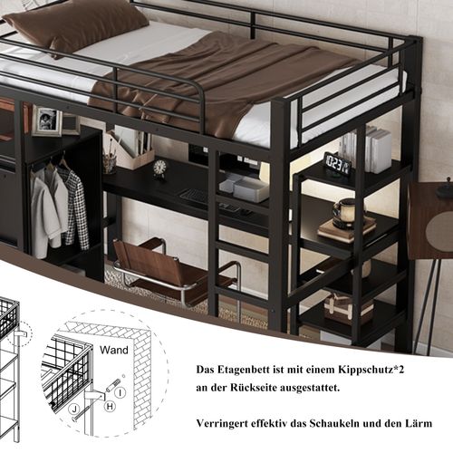 Lit Mezzanine En Métal, Avec Table Et Armoire, Nombreuses Étagères, Échelle 5 Marches, 90x200cm