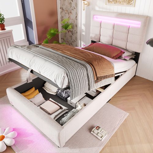 Lit Plateforme 90x200cm En Lin Beige Avec Télécommande App, Éclairage LED, Rangement Hydraulique