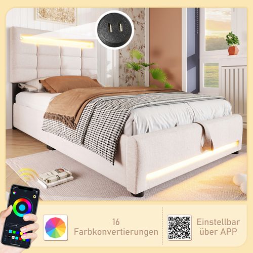 Lit Plateforme 90x200cm En Lin Beige Avec Télécommande App, Éclairage LED, Rangement Hydraulique