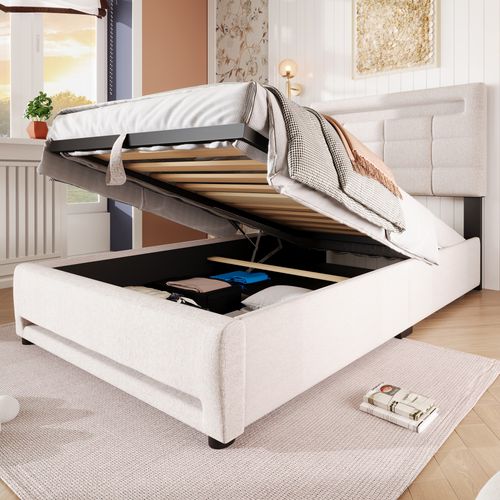 Lit Plateforme 90x200cm En Lin Beige Avec Télécommande App, Éclairage LED, Rangement Hydraulique