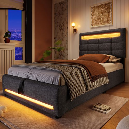 Lit Avec Rangement Hydraulique, Lin, Télécommande App, 160x200, USB, Gris