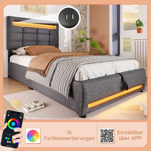 Lit Avec Rangement Hydraulique, Lin, Télécommande App, 160x200, USB, Gris