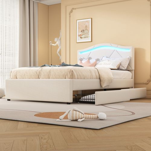 Lit Avec Sommier à Lattes En Lin, Réglable, 2 Tiroirs, 90x200 Télécommandé, Beige