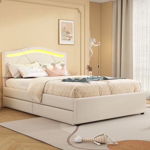 Lit Avec Sommier à Lattes En Lin, Réglable, 2 Tiroirs, 90x200 Télécommandé, Beige