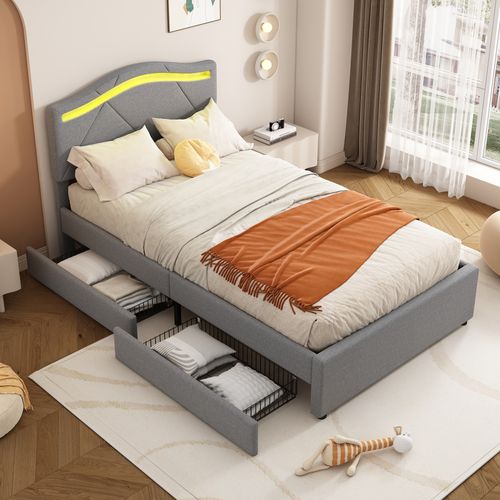 Lit Polster, Lin, Tête Réglable, Éclairage Télécommandé, 2 Tiroirs, Gris 90x200