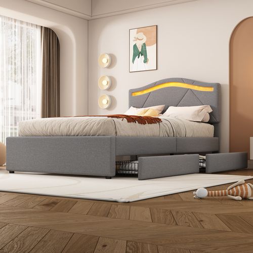 Lit Polster, Lin, Tête Réglable, Éclairage Télécommandé, 2 Tiroirs, Gris 90x200