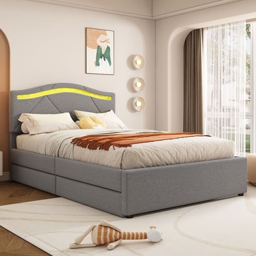 Lit Polster, Lin, Tête Réglable, Éclairage Télécommandé, 2 Tiroirs, Gris 90x200