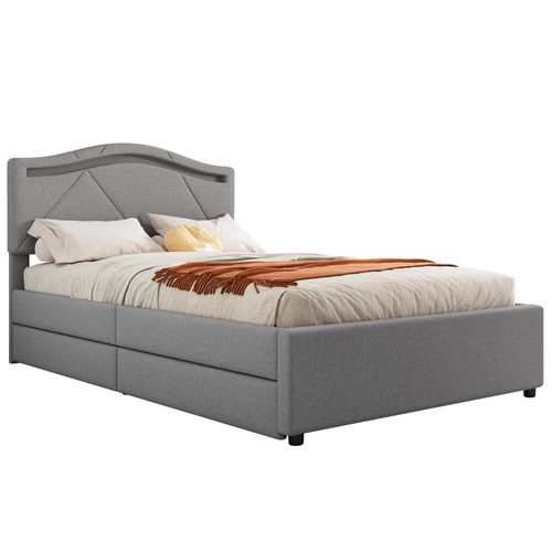 Lit Polster, Lin, Tête Réglable, Éclairage Télécommandé, 2 Tiroirs, Gris 90x200