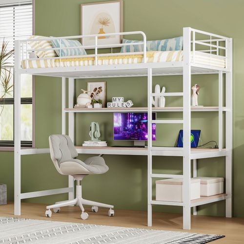 Lits Superposés En Métal Avec Échelle, Lampe LED, Bureau Et Étagère, Blanc
