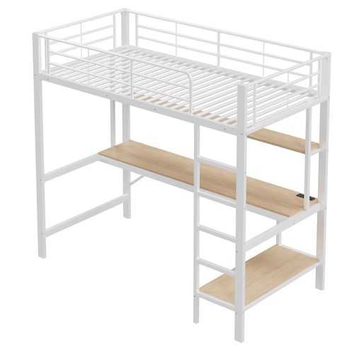 Lits Superposés En Métal Avec Échelle, Lampe LED, Bureau Et Étagère, Blanc