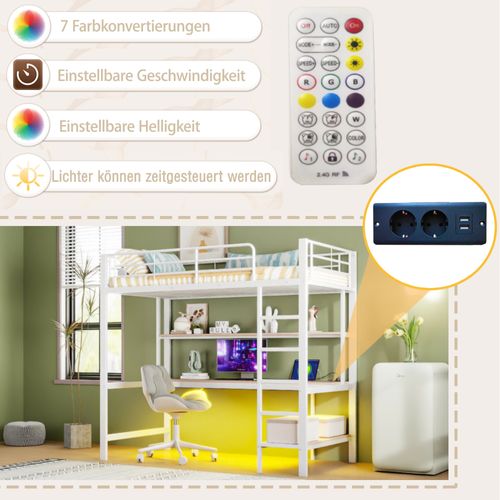 Lits Superposés En Métal Avec Échelle, Lampe LED, Bureau Et Étagère, Blanc