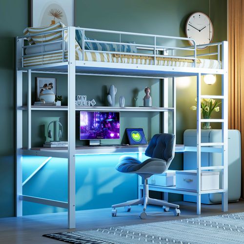 Lits Superposés En Métal Avec Échelle, Lampe LED, Bureau Et Étagère, Blanc