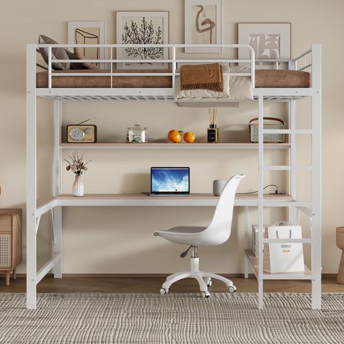 Lits Surélevés Métal Avec Échelle, Lampe LED, Bureau Et Étagères, Blanc