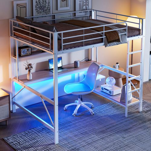 Lits Surélevés Métal Avec Échelle, Lampe LED, Bureau Et Étagères, Blanc