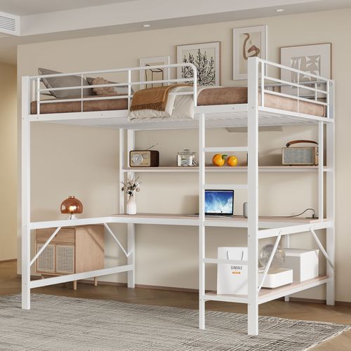 Lits Surélevés Métal Avec Échelle, Lampe LED, Bureau Et Étagères, Blanc
