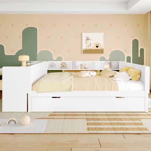 Lit gigogne, Pin + Aggloméré, Avec Bureau, Avec Lit Roulant, Double (sans Matelas), Blanc 160x200