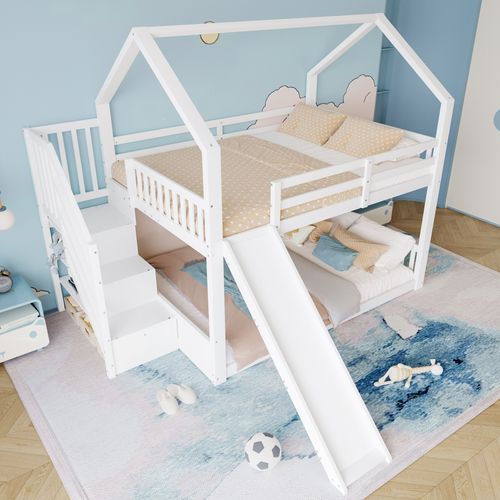 Lit Superposé En Bois Avec Échelle De Rangement Et Toboggan, Sans Matelas, Blanc