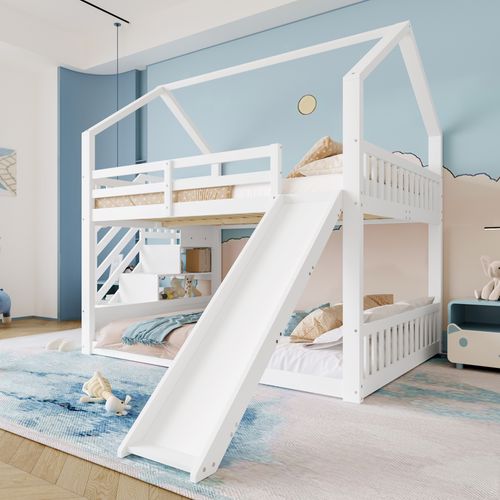 Lit Superposé En Bois Avec Échelle De Rangement Et Toboggan, Sans Matelas, Blanc