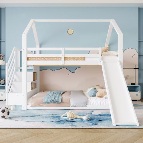 Lit Superposé En Bois Avec Échelle De Rangement Et Toboggan, Sans Matelas, Blanc
