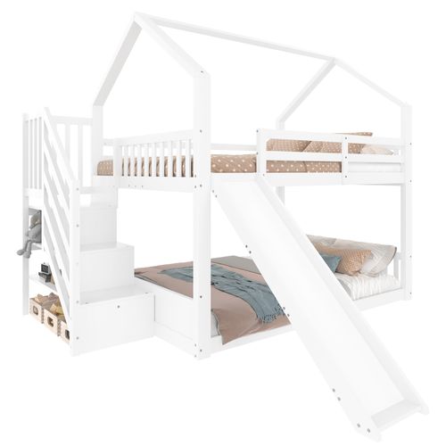 Lit Superposé En Bois Avec Échelle De Rangement Et Toboggan, Sans Matelas, Blanc